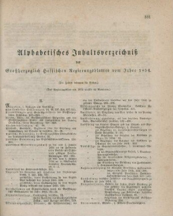Alphabetisches Inhaltsverzeichniß des Großherzoglich Hessischen Regierungsblattes vom Jahre 1854