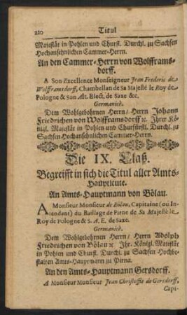 Die IX. Claß. Begreifft in sich die Titul aller Amtshauptleute