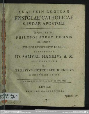 Analysin Logicam Epistolae Catholicae S. Iudae Apostoli