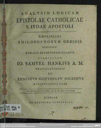 Analysin Logicam Epistolae Catholicae S. Iudae Apostoli