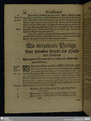 Die vierzehende Predigt. Vom siebenden Artickel des Chrstlichen Glaubens