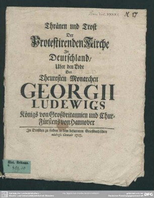 Thränen und Trost Der Protestirenden Kirche In Deutschland, Uber den Todt ... Georgii Ludewigs Königs von Großbritannien ...