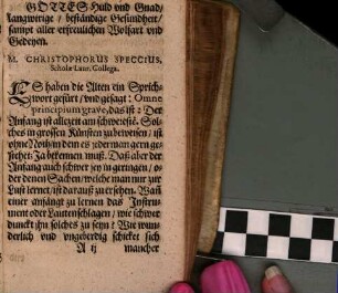 M. Christophori Speccii ... Praxis Coniugationum, Et Quaestionum, Syntacticarum, Sive Regularum communissimarum. Das ist: Hundert und ein und neuntzig kleine Argumentlein oder Exercitia auff alle Coniugationes gericht und gedicht für die jenigen, welche anfahen etwas Teutsch in die Lateinische Sprach zu versetzen