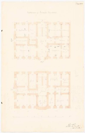 Rathaus, Striegau 4. Projekt: Ausführungsentwurf: Grundriss Keller, Erdgeschoss; Maßstabsleiste