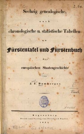 Fürstenbuch zur Fürstentafel der europäischen Staatengeschichte : mit sechzig Tabellen, 2. Sechzig genealogische, auch chronologische und statistische Tabellen zu Fürstentafel und Fürstenbuch der europäischen Staatengeschichte