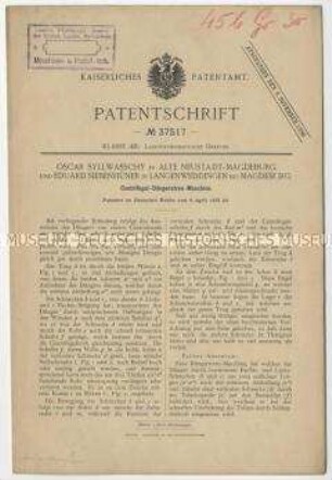 Patentschrift einer Zentrifugal-Düngerstreumaschine, Patent-Nr. 37517