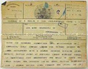 Telegramm des Auslandskorrespondenten James O'Donnell Bennett an den Journalisten Leo Winz über Frontereignisse während des Ersten Weltkrieges - Personenkonvolut (englisch, deutsch)