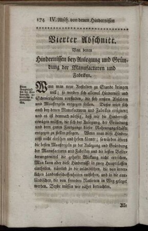 Vierter Abschnitt: Von denen Hindernissen bey Anlegung der Manufacturen und Fabriken.