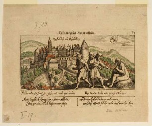 Allegorie des Unglücks: nackter Mann (Hiob) mit drei Männern