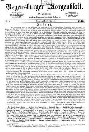 Regensburger Morgenblatt. 16,1-6, 16. 1863, 1 - 6 = Nr. 1 (1. Januar 1863) - Nr. 143 (28. Juni 1863)