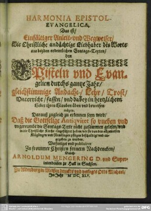 Harmonia epistol-evangelica, das ist, Einfältiger Anleit- und Wegweiser, wie Christliche ... Liebhaber des Worts ...