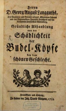 Herrn D. Georg August Langguths, Der Anatomie und Botanic ordentl. öffentlichen Lehrers und der Medicinischen Facultät Beysitzers auf der berühmten Universität Wittenberg, Gründliche Abhandlung von der Schädlichkeit der Budel-Köpfe bey dem schönen Geschlecht