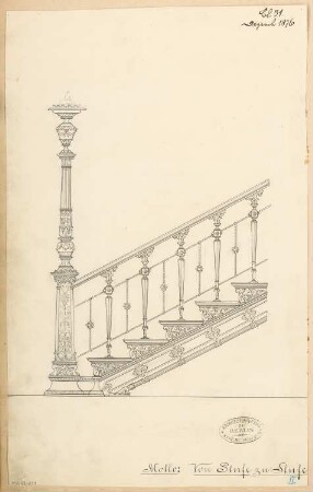 Gusseiserne Treppe mit Kandelaber Monatskonkurrenz Dezember 1876: Aufriss Seitenansicht