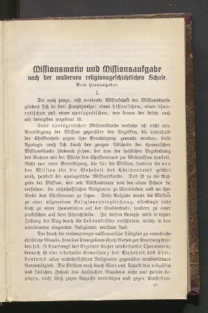 Missionsmotiv und Missionsaufgabe nach der modernen religionsgeschichtlichen Schule. I