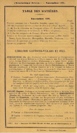 Table des matières. Novembre 1896.