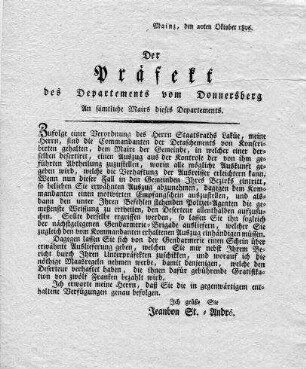 Anordnungen für die Ergreifung und Verhaftung von ausgerissenen Konskribierten (Deserteuren) - (Zirkular)
