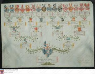 Ahnenprobe des Franz Arnold Berhard Johann v. Reck z. Steinfurt. - ausgefertigt 1746 (nicht aufgeschw.), Pergament