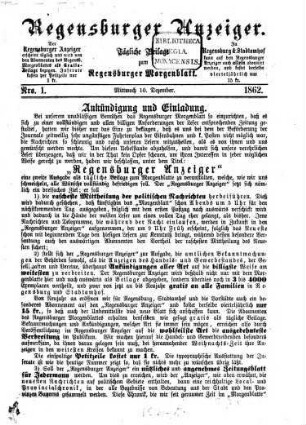 Regensburger Anzeiger : General-Anzeiger und Handelszeitung. 1862, Nro. 1 (10. Dezember) - Nro. 21 (31. Dezember)