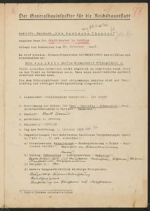 Stadttheater, Cottbus: Fragebogen für das Handbuch »Das Deutsche Theater«, vierseitiges Dokument