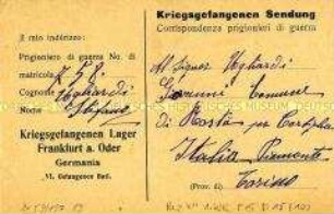 Briefpostkarte eines italienischen Kriegsgefangenen aus dem Kriegsgefangenen-Lager Frankfurt (Oder)