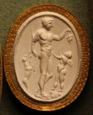 Cupido bittet einen Faun um eine Traube, daneben eine Ziege (Daktyliothek, Erstes Mythologisches Tausend)