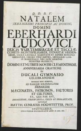 Natalem Serenissimi Principis Ac Domini, Domini Eberhardi Ludovici...