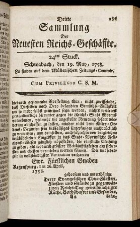 24tes Stuck. Schwabach, den 12. May, 1758.