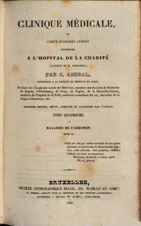 Clinique médicale, ou choix d'observations recueilliés à l'hôpital de la Charité. 4, Maladies de l'abdomen : P. 2