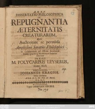 Dissertatio Philosophica De Repugnantia Aeternitatis Creaturarum