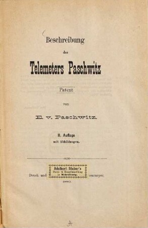 Beschreibung des Telemeters Paschwitz : Patent. von E. v. Paschwitz