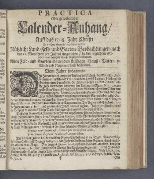 Practica Oder gewöhnlicher Calender-Anhang/ Auff das 1708. Jahr Christi