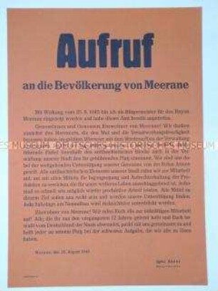 Maueranschlag mit einem Aufruf des Bürgermeisters an die Bevölkerung von Meerane anlässlich seines Amtsantrittes