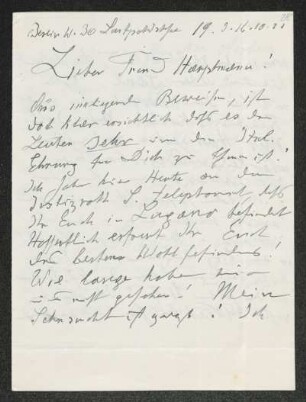 Brief von Heinrich Grünfeld an Gerhart Hauptmann