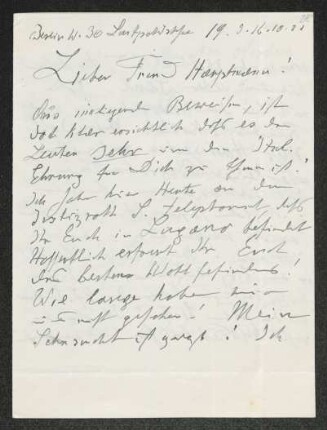 Brief von Heinrich Grünfeld an Gerhart Hauptmann
