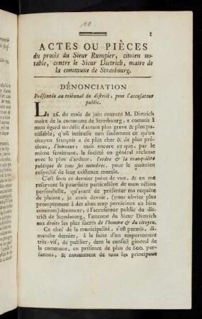 Actes Ou Pièces du procès du Sieur Rumpler, citoien notable, contre le Sieur Dietrich, maire de la commune de Strasbourg