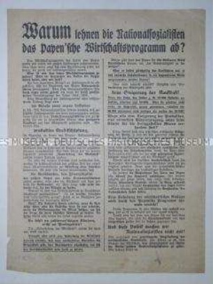 Propagandaflugblatt der NSDAP mit scharfer Polemik gegen die Wirtschaftspolitik der Papen-Regierung