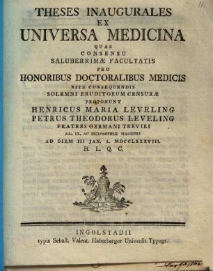 Theses inaugurales ex universa medicina