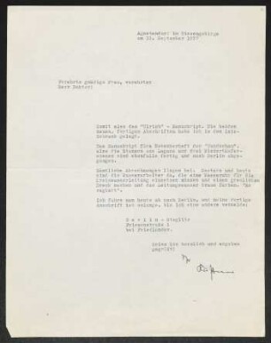 Brief von Erhart Kästner an Margarete Hauptmann und Gerhart Hauptmann