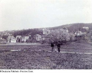 Wachwitz (Dresden-Wachwitz). Stadtteilansicht mit Königlicher Villa (rechts). Blick von den Elbwiesen nach Norden