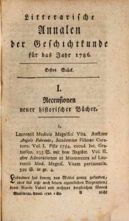 Litterarische Annalen der Geschichtkunde in und außer Teutschland : für das Jahr ..., 1. 1786