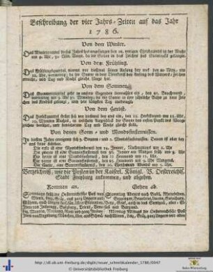 Verzeichniß, wie die Posten in der Kaiserl. Königl. V. Oestrreichis. Stadt Freyburg ankommen und abgehen.