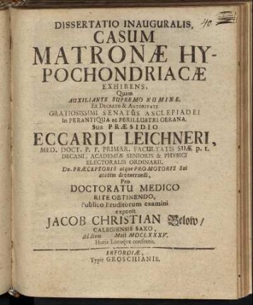 Dissertatio Inauguralis, Casum Matronae Hypochondriacae Exhibens