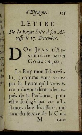 Lettre De la Reyne écrite à son Altesse le 27. Decembre