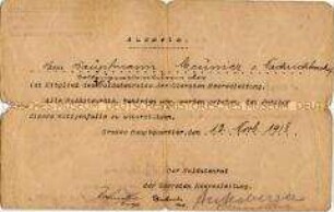 Ausweis des Vollzugsrates des Arbeiter- und Soldatenrates von Hauptmann Meunier