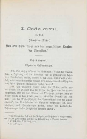 I. Code civil. III. Buch. Fünfter Titel. Von dem Ehevertrage und den gegenseitigen Rechten der Ehegatten