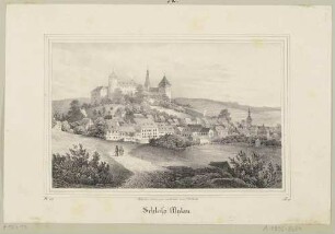 Stadtansicht von Mylau im Vogtland mit der mittelalterlichen Burg von Osten, aus "Saxonia - Museum für Sächsische Vaterlandskunde", 1839