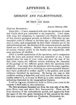 APPENDIX E. - GEOLOGY AND PALAEONTOLOGY. Letter from Prof. Hall of New York, on the Geology and Palaeontology of the country