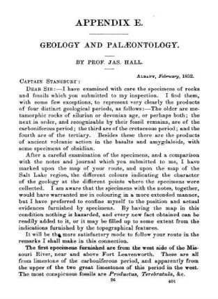 APPENDIX E. - GEOLOGY AND PALAEONTOLOGY. Letter from Prof. Hall of New York, on the Geology and Palaeontology of the country