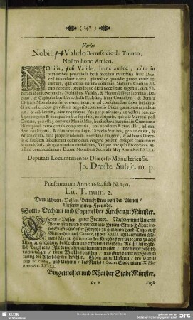 Lit. T. num. 2. Dem Ehrn-Vesten Bernsfeldten von der Tinnen, Unseren Guten Freundt : Dom-Dechant und Capittel der Kirchen zu Münster