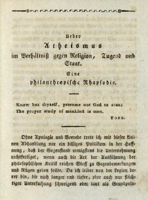 Ueber Atheismus im Verhältniß gegen Religion, Tugend und Staat. Eine philanthropische Rhapsodie